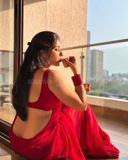 Enchanting Actress Nikita Sharma in a Red Backless Saree Blouse Photos 02