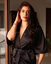 Glamorous Television Actress Nikita Sharma in a Short Black Silk Kimono Style Robe with a Deep Cleavage Pictures 02
