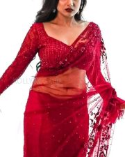 Laggam Actress Pragya Nagra in a Red Netted Saree Photos 03