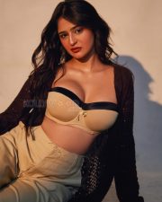 Modern Prakriti Pavani in a Beige Strapless Corset Top with a Dark Brown Grey Open Knit Cardigan and Light Trousers Pictures 01