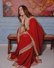 Sexy Actress Kusha Kapila in a Vibrant Red Saree with a Green Plunging Neckline Blouse Photos 08