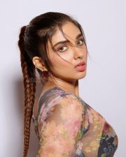 Striking Actress Pragya Nagra in a Colorful Floral Print Mesh Top Photos 01