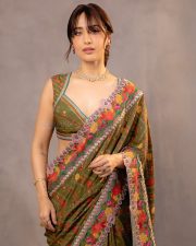 Stunning Kusha Kapila in a Green Silk Saree with Floral Embroidery and Sleeveless Blouse Photos 04