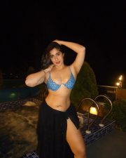 Tempting Actress Nikita Sharma in an electric blue printed bikini top with black sheer wrap photos 04