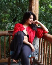 Tempting Nikita Sharma Cleavage in a Red Lace Shirt over Black Bralette Photos 03