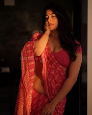 Voluptuous TV Actress Nikita Sharma in a Red Printed Saree with Matching Busty Blouse Pictures 05
