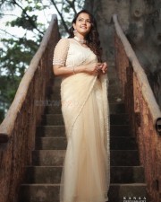 Dada Movie Actress Aparna Das in a Beige Saree with Pearl Work Blouse Photos 06