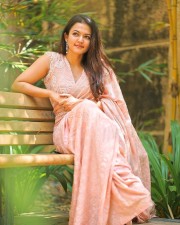 Dada Movie Actress Aparna Das in a Peach Saree with Glass Neck Blouse Photos 03
