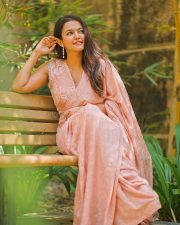 Dada Movie Actress Aparna Das in a Peach Saree with Glass Neck Blouse Photos 04