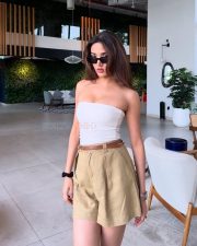 Sexy Medha Shankr in a White Strapless Crop Top and Beige Mini Skirt Picture 01