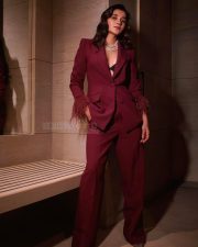 Actress Kanika Mann in a Maroon Pantsuit with a Black Bralette Photos 02