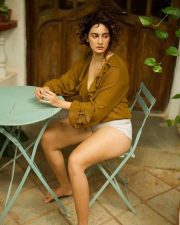 Adorable Megha Shukla in a Mustard Brown Shirt and Boy Shorts Photos 03