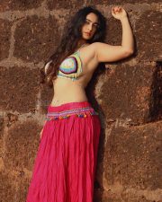 Beautiful Indian Actress Megha Shukla Navel in a Crochet Bralette Lehenga Pictures 03