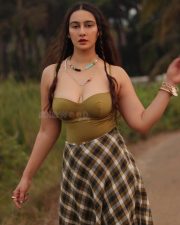 Desirable Megha Shukla in an Olive Green Bustier Crop Top and Long Plaid Skirt Pictures 01