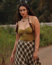 Desirable Megha Shukla in an Olive Green Bustier Crop Top and Long Plaid Skirt Pictures 02