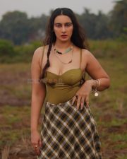 Desirable Megha Shukla in an Olive Green Bustier Crop Top and Long Plaid Skirt Pictures 04