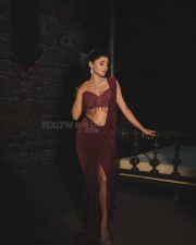 Enigmatic Actress Kanika Mann in a Burgundy Saree With Beaded Fringe Blouse Photos 04