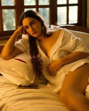 Hot Megha Shukla Topless in a Buttoned Down White Shirt on the Bed Photos 03