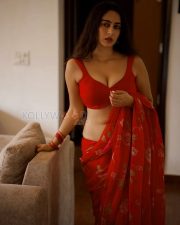 Sultry Actress Megha Shukla in a Red Floral Saree With Red Blouse Photos 02
