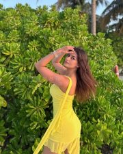 Sunny Actress Yesha Sagar in a Bright Yellow One Shoulder Ruched Asymmetric Mini Dress Photos 03