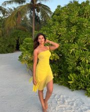 Sunny Actress Yesha Sagar in a Bright Yellow One Shoulder Ruched Asymmetric Mini Dress Photos 05