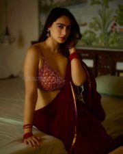 Tempting Beauty Megha Shukla in a Red Rust Sleeveless Blouse with a Dark Maroon Red Saree Skirt Pictures 02