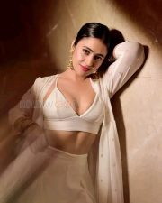 Stunning Beauty Shobhita Rana in a White Deep Neck Cleavage Blouse with a Flowy Skirt and Sheer Dupatta Photos 03