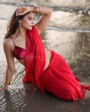 Seductive Prisha Singh in a Red Saree with a Sleeveless Blouse with Thin Straps Photos 01