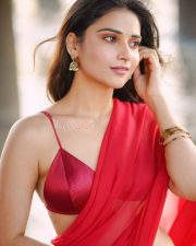 Seductive Prisha Singh in a Red Saree with a Sleeveless Blouse with Thin Straps Photos 04