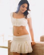 Sensual Actress Prisha Singh in an ivory ruffle bikini crop top with white pleated mini skirt photos 01