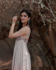 Beautiful Bhagyashree Borse in a Fitted Corset Style Bustier with Floral Embroidery and Spaghetti Straps Maxi Dress Photos 01