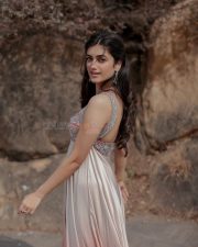Beautiful Bhagyashree Borse in a Fitted Corset Style Bustier with Floral Embroidery and Spaghetti Straps Maxi Dress Photos 04