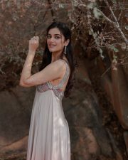 Bollywood Actress Bhagyashri Borse in an Ivory and Mauve Ombre Cocktail Gown Photos 05