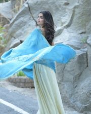 Radiant Actress Bhagyashri Borse in a Sky Blue Cream Saree Photos 01
