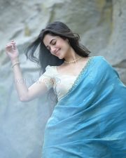 Radiant Actress Bhagyashri Borse in a Sky Blue Cream Saree Photos 03