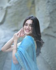 Radiant Actress Bhagyashri Borse in a Sky Blue Cream Saree Photos 05