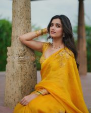 Radiant Actress Bhagyashri Borse in a Yellow Embroidered Saree Photos 03