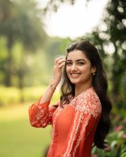 Seyon Movie Heroie Bhagyashree Borse in a Vibrant Orange Anarkali Suit with White Floral Embroidery Photos 03 Seyon Movie Heroie Bhagyashree Borse in a Vibrant Orange Anarkali Suit with White Floral Embroidery Photos 03