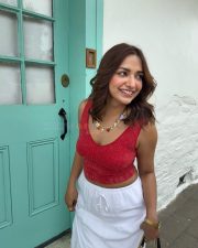 Beautiful Jiya Shankar in a Red Sleeveless Crop Top and White Skirt Pictures 03