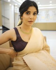 Charming Madhuri Jain in a Beige Silk Saree with a Black Sleeveless Blouse Photos 02