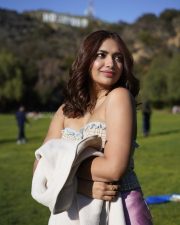 Cute Jiya Shankar in a Strapless Dress at Hollywood Vacation Pictures 02