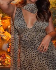Desirable Jiya Shankar in a Brown and Black Leopard Printed Midi Dress with Deep Cleavage Photos 02