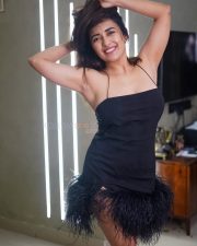 Glamorous Jinal Joshi in a Black Mini Dress with Feather Trim and Thin Straps Photos 03