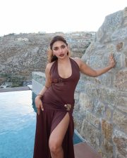 Hot Jiya Shankar in a Brown Thigh Slit Sleeveless Gown Photos 01