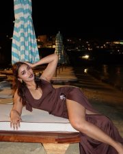 Hot Jiya Shankar in a Brown Thigh Slit Sleeveless Gown Photos 06