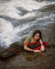 Hot Wet Beauty Srushti Bannatti in an Olive Green Saree with Red Border and Short Sleeved Blouse Photos 01