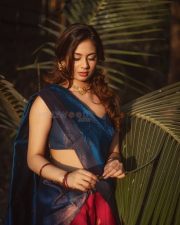 Luminous Actress Srushti Bannatti in a Navy Blue Saree With Red Border Photos 03