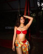 Sensual Srushti Bannatti Cleavage in a Red bandeau bikini and tropical print sarong Photos 03