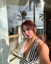 Sexy Jiya Shankar in a Black and White Monochrome Gown with a Cleavage Neckline Vacation Photos 02