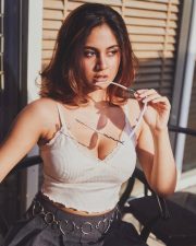 Sexy Srushti Bannatti Exclusive in a White Ribbed Lace Camisole with a Black Pleated Mini Skirt Photos 02